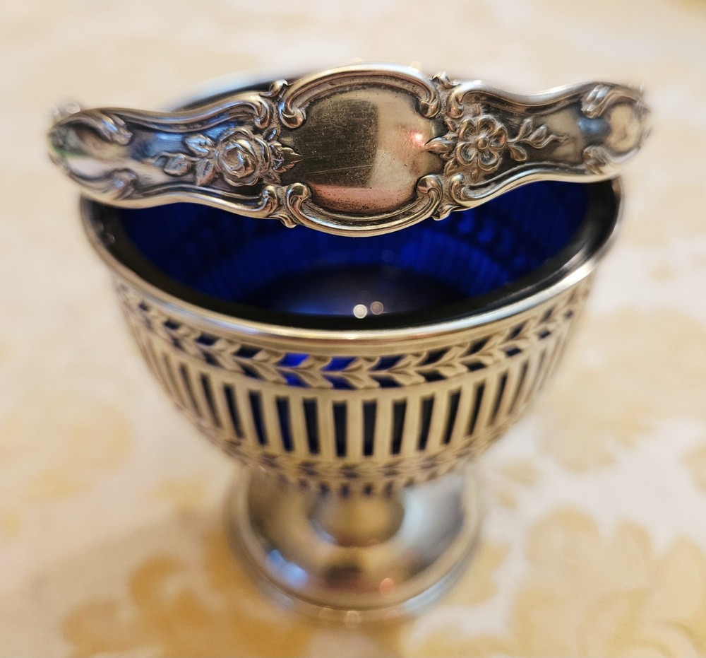 Pierced Silver Sugar Basket With Blue Bowl With Handle 6" Tall