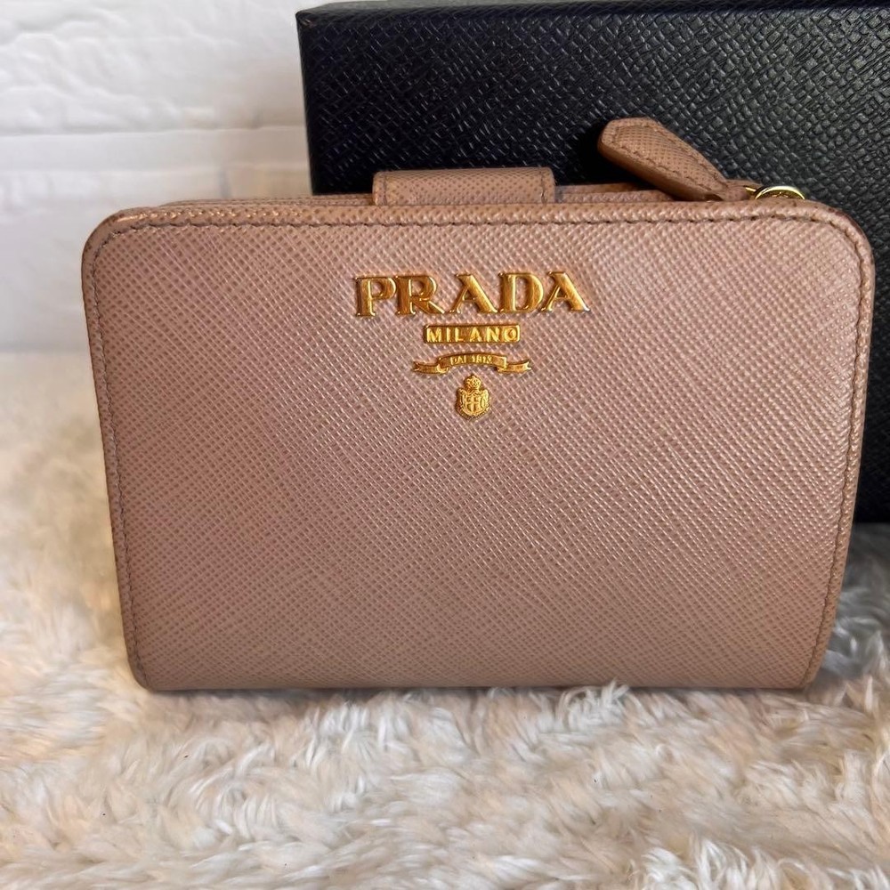 PRADA Wallet Two-Fold Saffiano Beige Pink