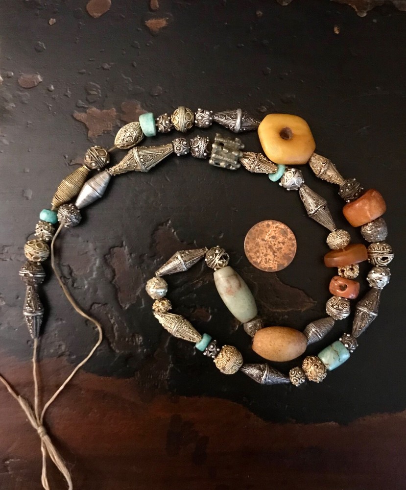 (B) Rare Old Mauritanian Amber Amazonite Coral Granulation Silver Beads #1