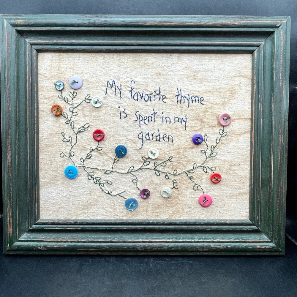 Nancy Evers Handmade Embroidered Garden Button Art 2001 Green Frame 12"x10.75"