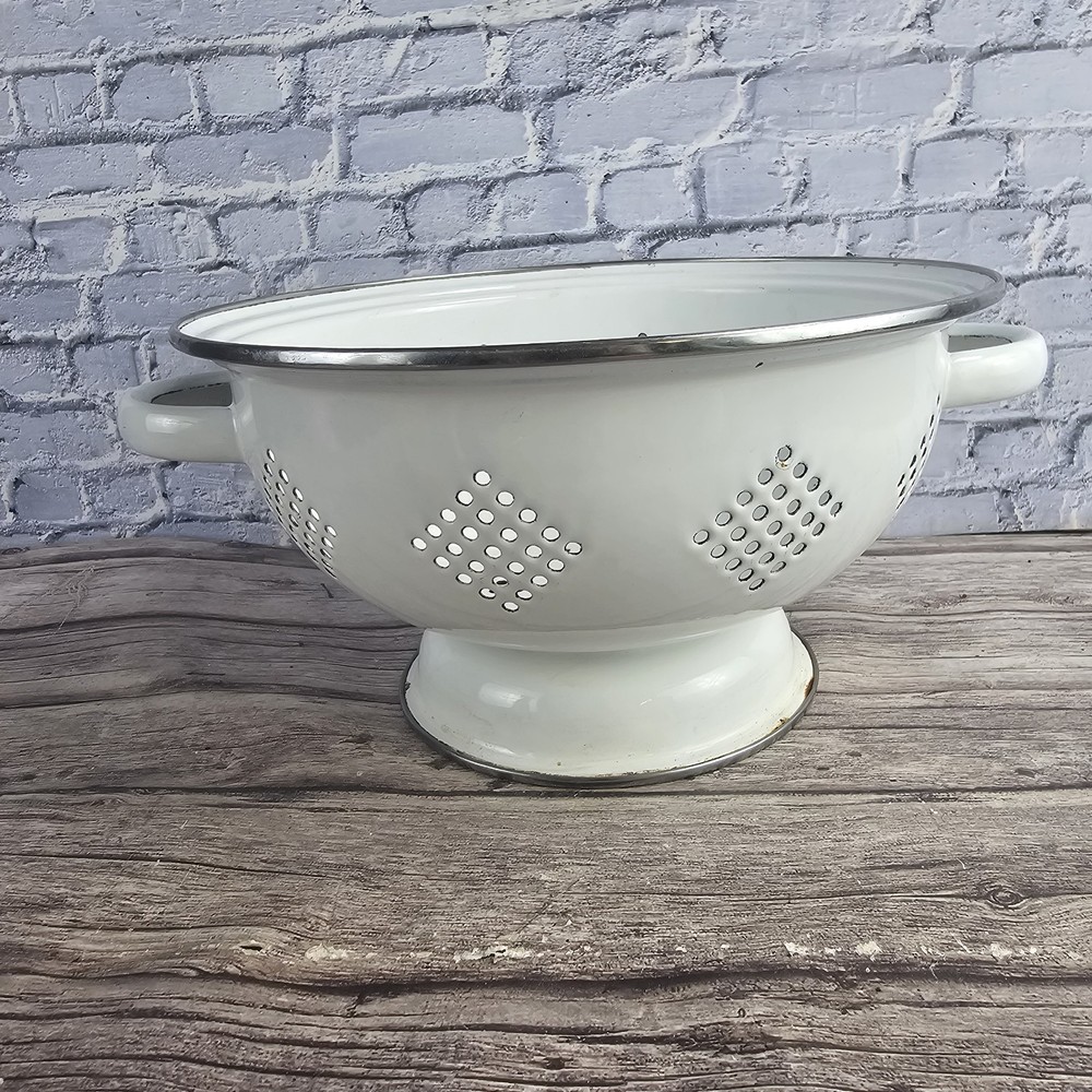 White Enamel Colander 10" Metal Strainer Silver Trim
