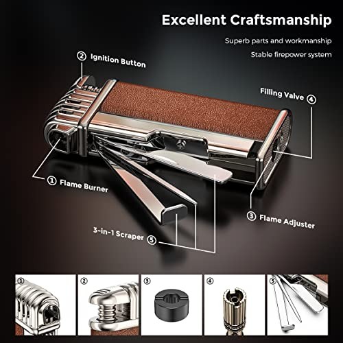 Angled Soft Flame Butane Pipe Lighter with Metal Tools - Refillable Gift for