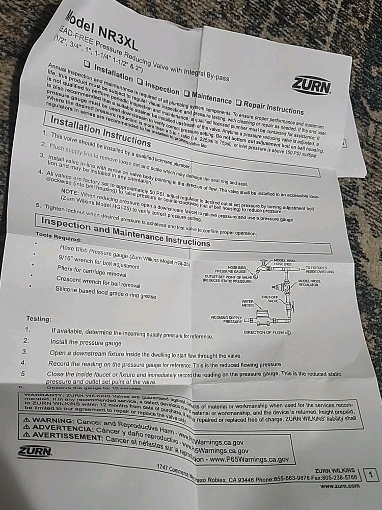 Zurn Wilkins 3/4" NR3XL Pressure Reducing Valve with double union