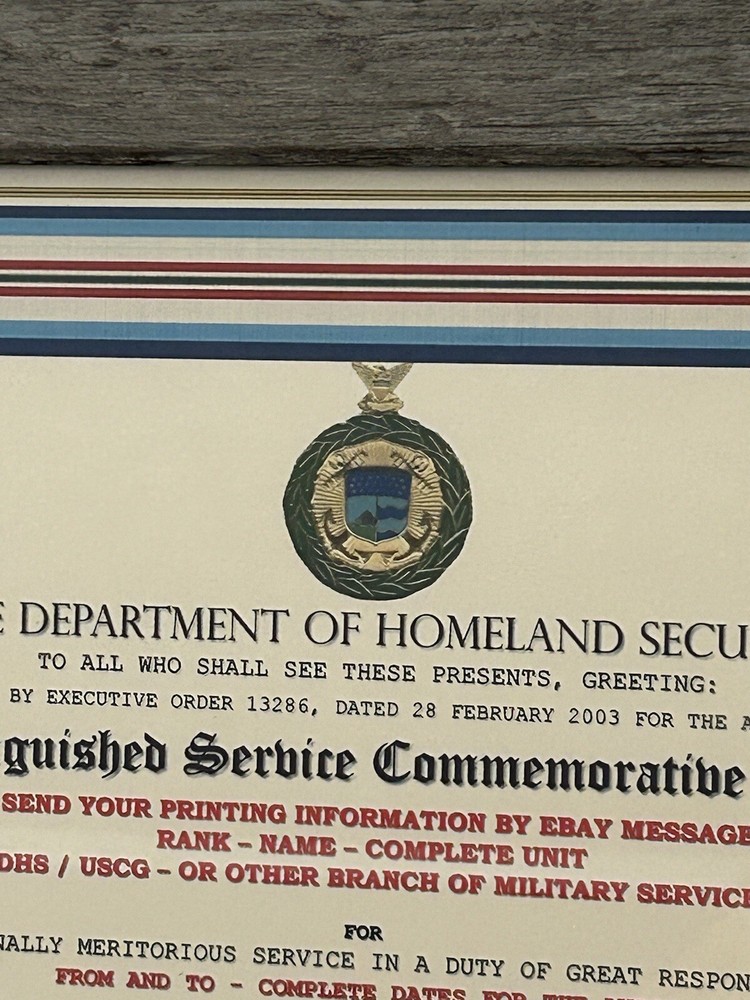 D.H.S. DISTINGUISHED SERVICE COMMEMORATIVE MEDAL CERTIFICATE ~ Type 1