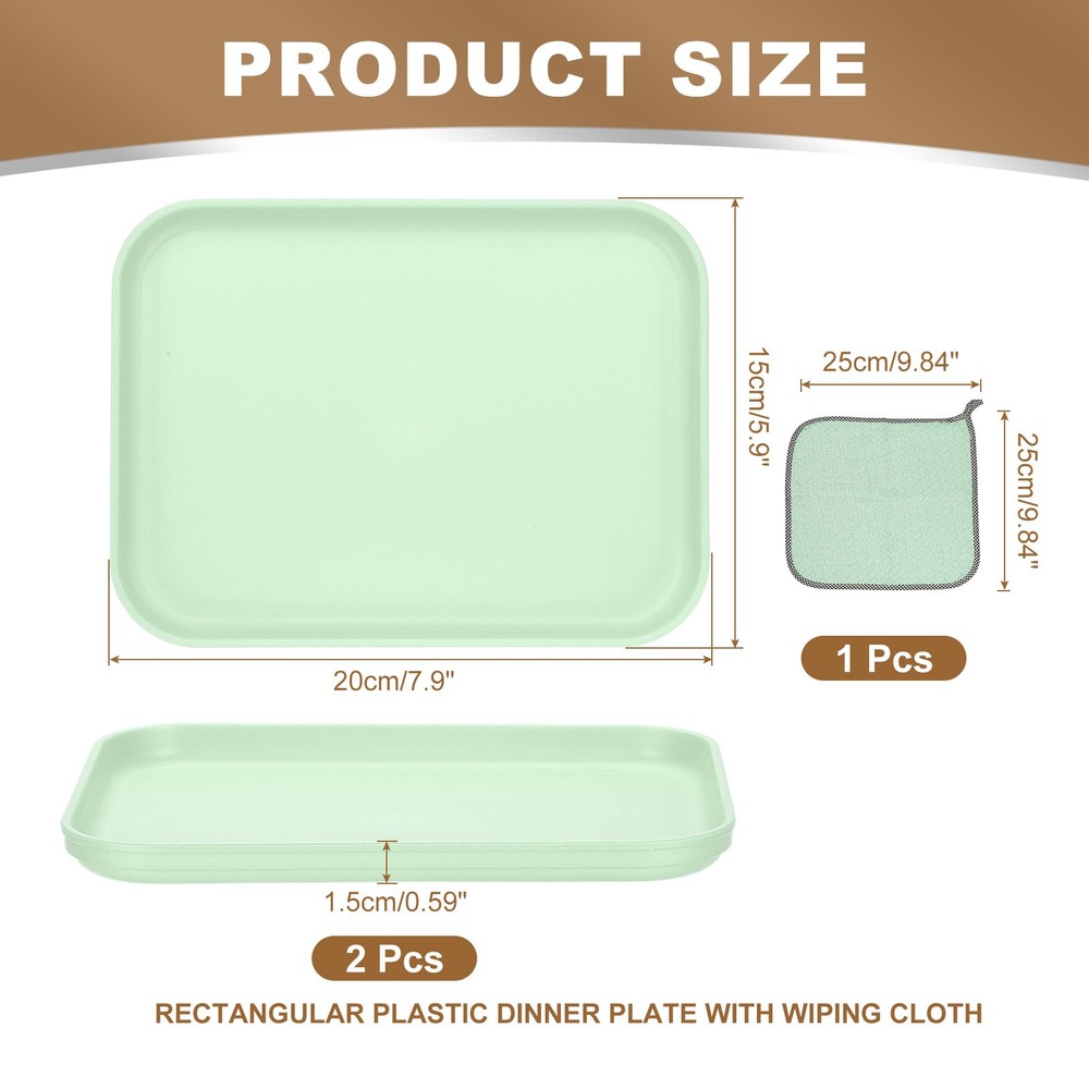 2Pcs 7.9x5.9" Rectangular Plates Wheat Plastic Dinner Plates Green