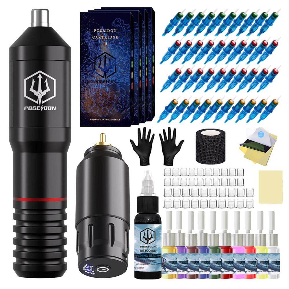 Poseidon Wireless Tattoo Machine Kit with Power Supply & 40 Needles for Beginner