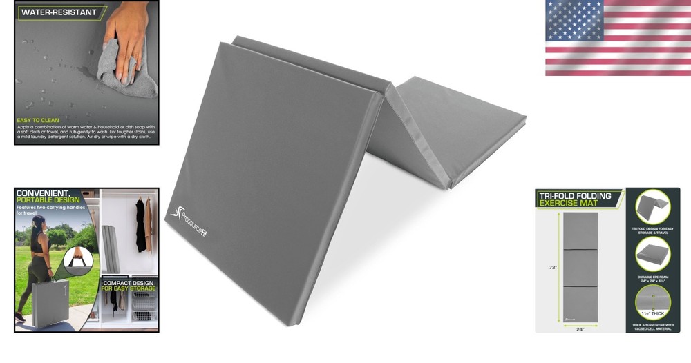 ProSource Grey Tri-Fold Exercise Mat - 72”x24” with Carrying Handles for Gym Use