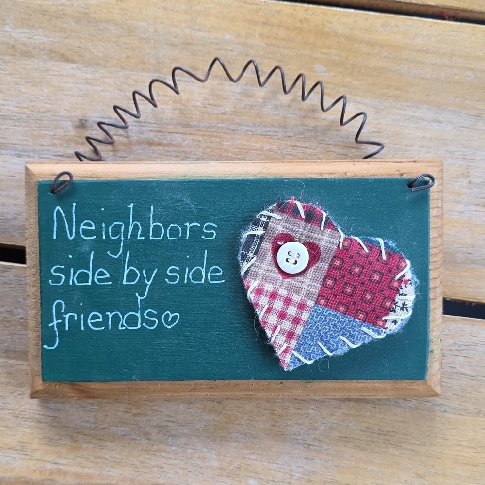 Handmade Wall Hanging Patchwork Heart Button 'Neighbors Side by Side Friends'