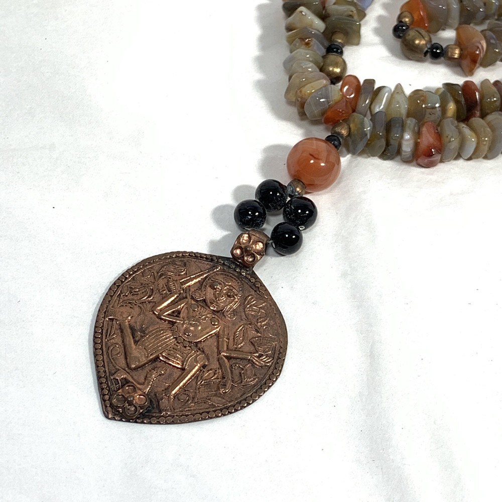 Handcrafted Long Stone Bead Necklace Embossed Copper Deity Pendant 34"