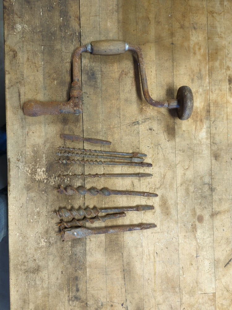 Vintage Hand Drill With Various Bits