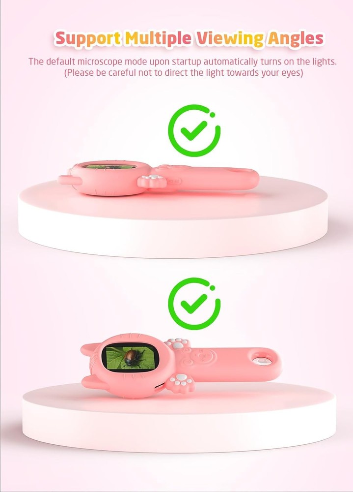2-in-1 Microscope Camera for Kids, Mini Handheld Microscope Supporting (Pink)