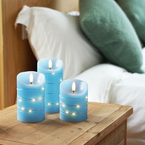 Flameless Candles with String Lights, 3 Pack Embedded Fairy String Lights Blue
