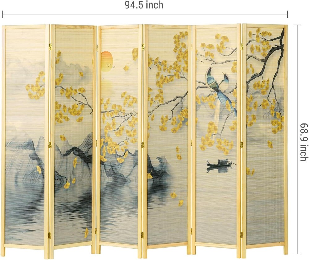 Freestanding 6 Panel Bamboo Room Divider, Artwork Partition Folding Screen