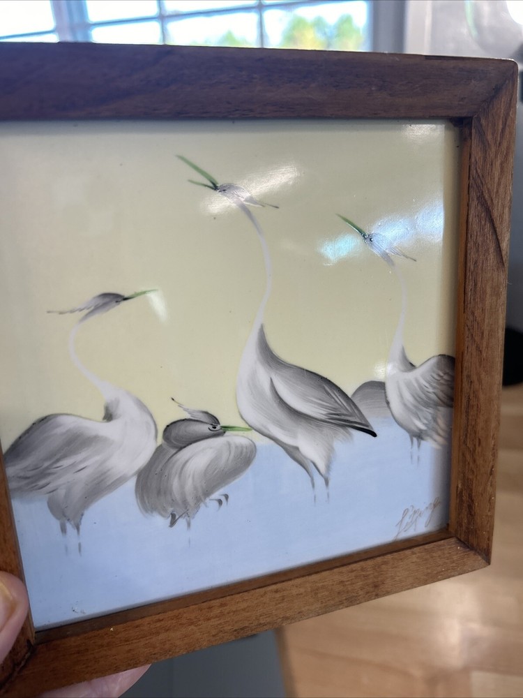 Vintage Art Tile Framed Signed Hand-Painted Cranes