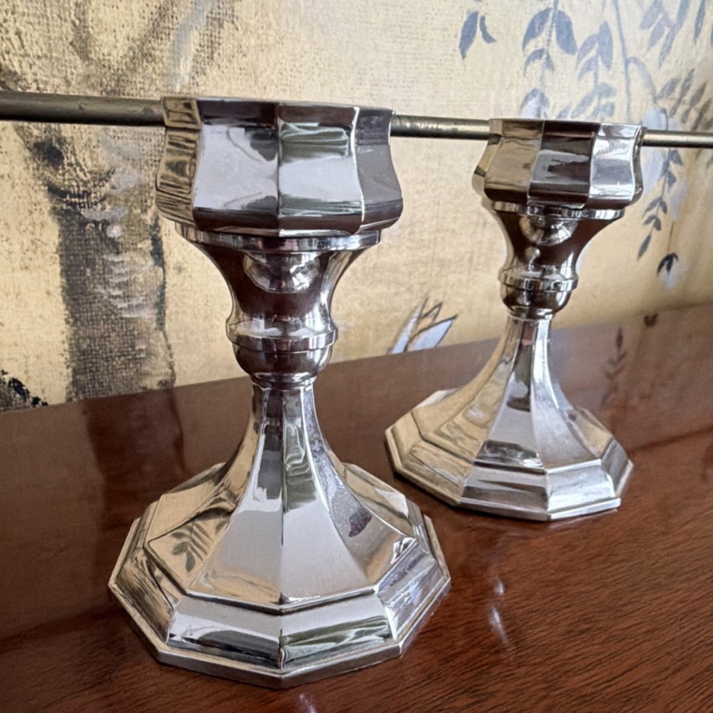E. P. W. M. Sheffield Art Deco Silverplate Candlesticks Pair Octagonal Base