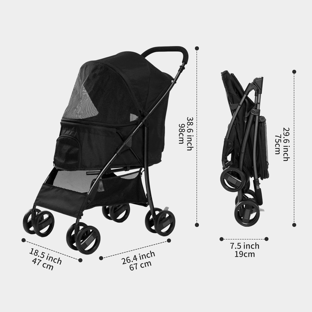 4 Wheels Pet Stroller,Easy-Foldable Dog Cat Cage Jogger Stroller with Weather...