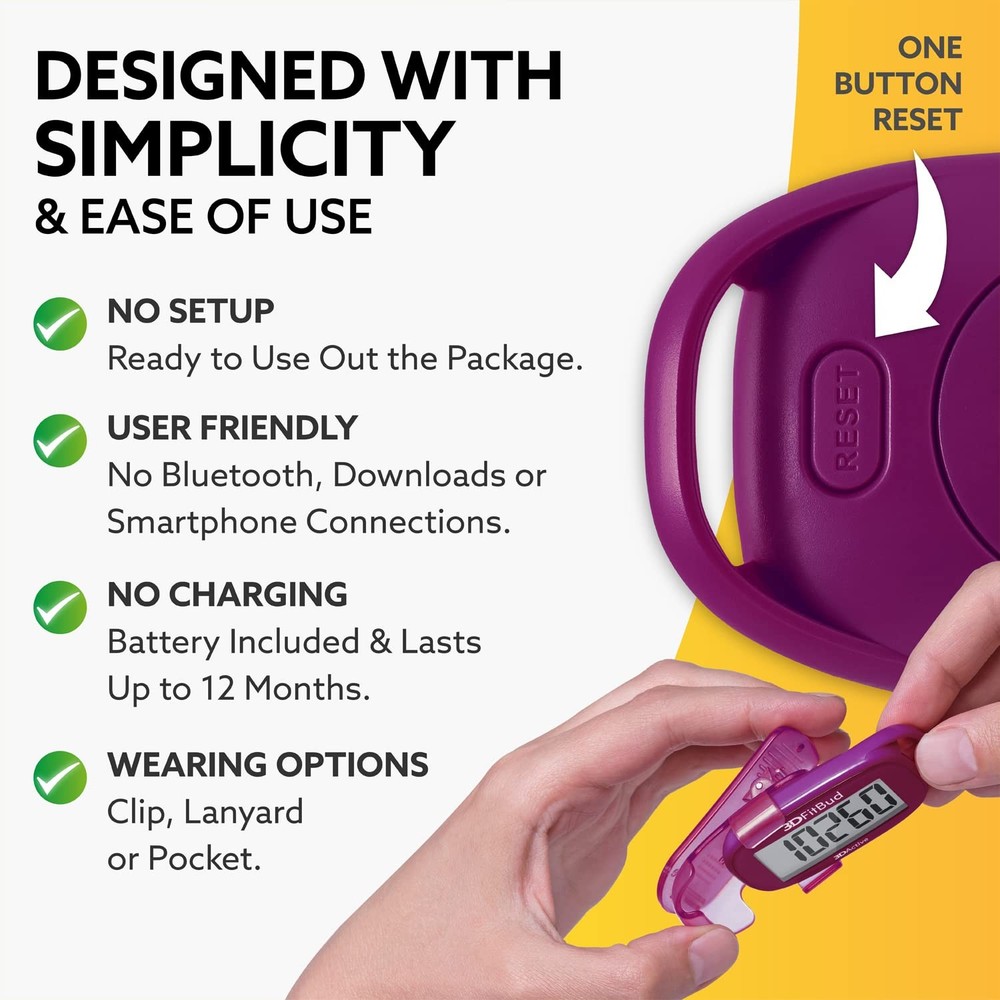 3D Pedometer Step Counter with Clip & Lanyard - A420S - Plum