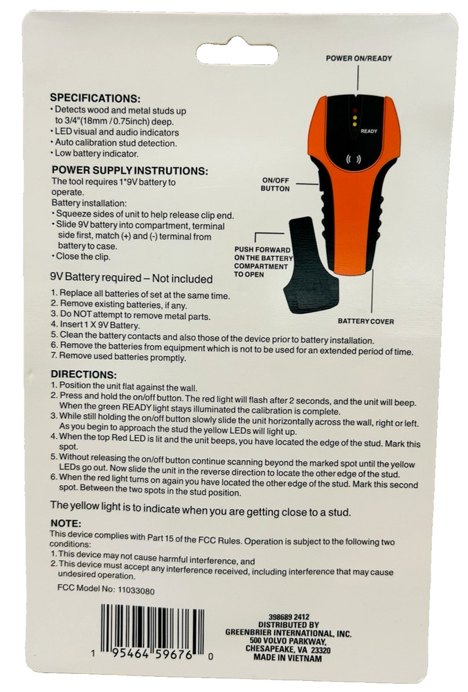 Tool Bench Platinum Battery Operated Stud Finder