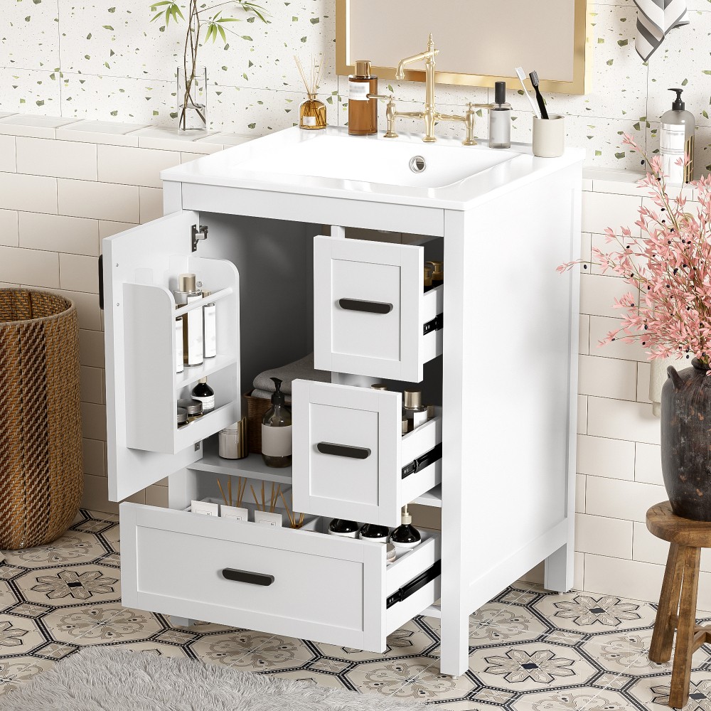 Bathroom vanity with sink Features double-door cabinet Includes three drawers