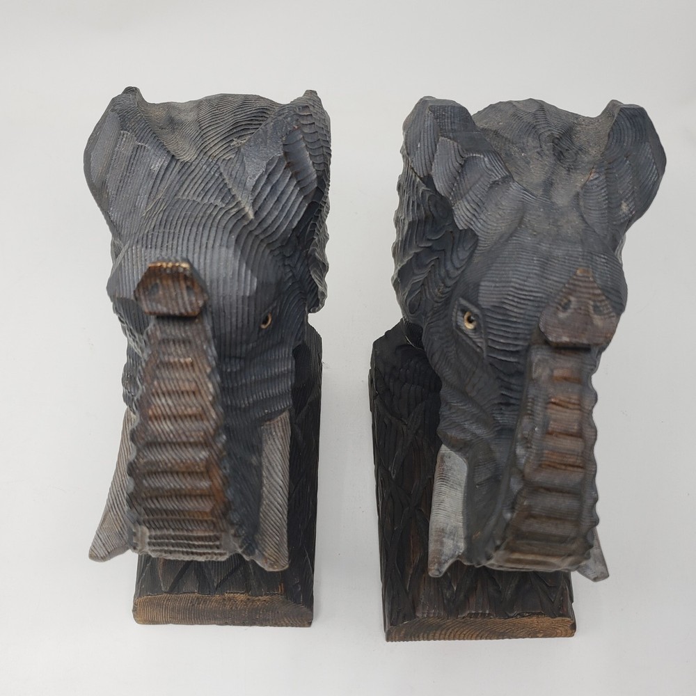 Hand Carved Solid WOOD Large Elephant Bookends Pyrography 9.5 inches tall