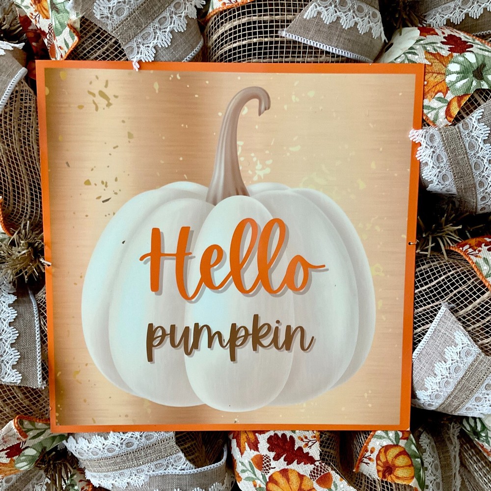 Hello White Pumpkin Handmade Deco Mesh Wreath