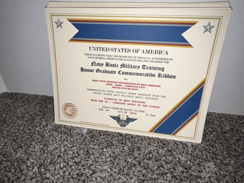 NAVY BOOT / B.T. HONOR GRADUATE COMMEMORATIVE CERTIFICATE ~ W/PRINTING TYPE-1