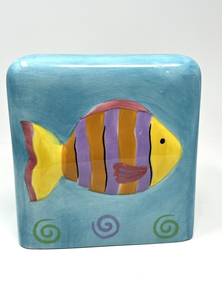 Coral Reef Square Ceramic Tissue Box Cover Hand Painted Riviera Fish Shells