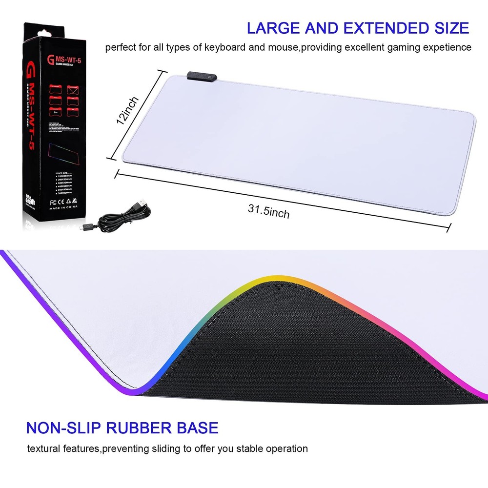 RGB Mousepad Led Mouse Pad, Large Mouse Pad,Led and Big Mouse mat(White)