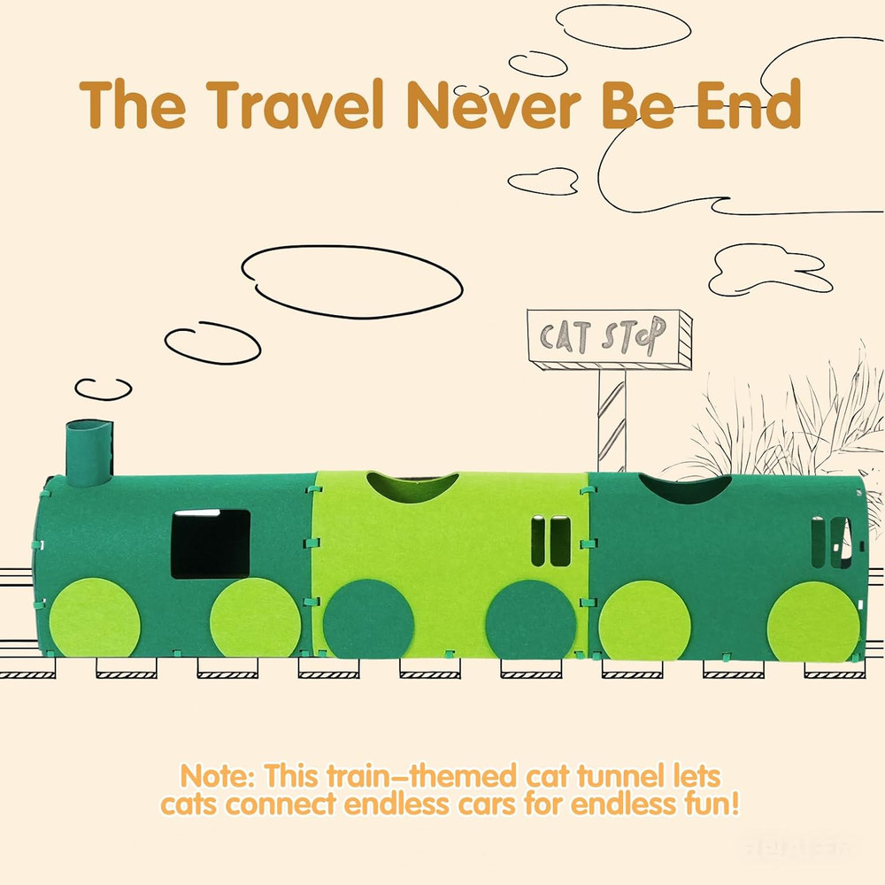 Cat Tunnel Train with Scratching Board, Cat Interactive Long Tunnel 51" Non-Fol
