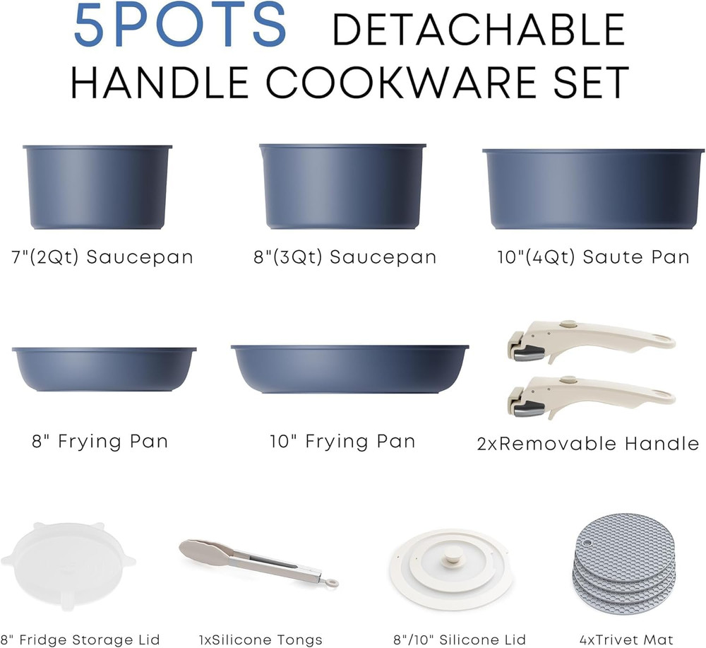 Detachable Nonstick Cookware Set - Stackable Induction Pots and Pans