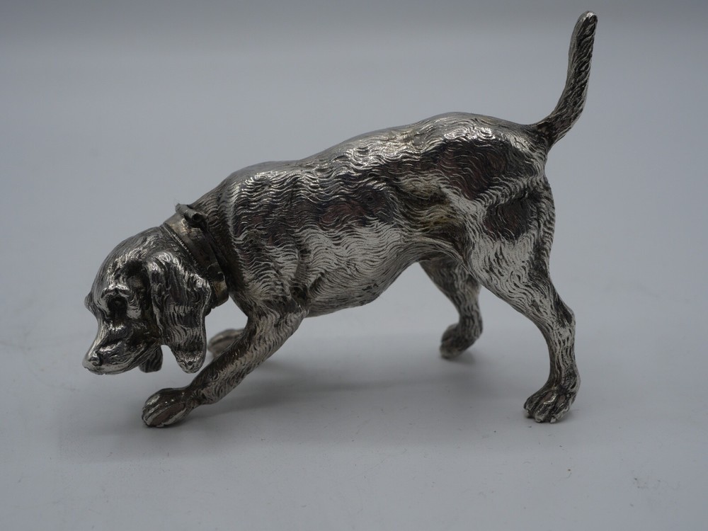RARE SOLID SILVER NATURAL DOG FIGURE BOX FIGURINE