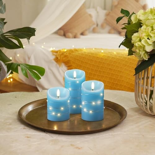 Flameless Candles with String Lights, 3 Pack Embedded Fairy String Lights Blue