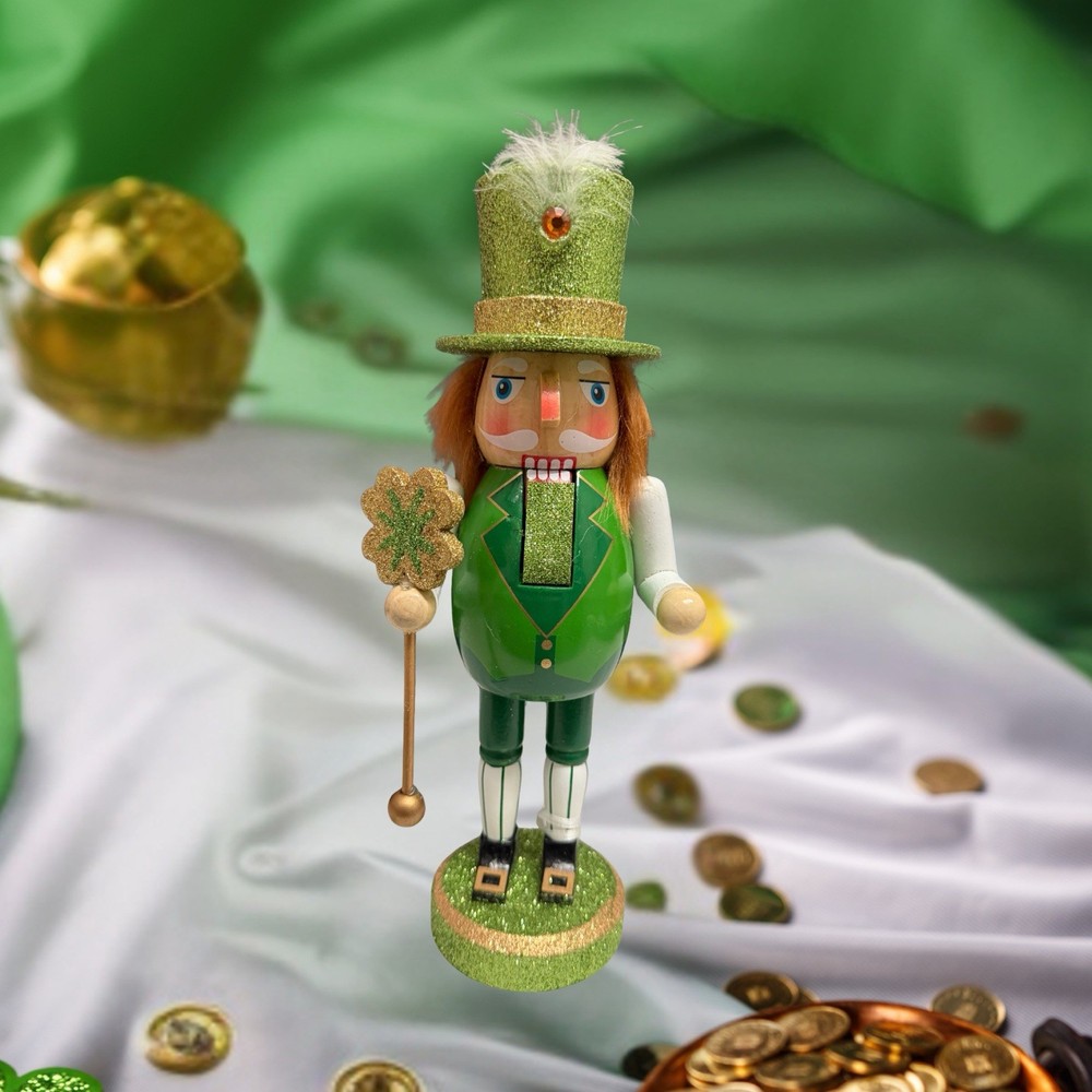 St. Patrick's Day Nutcracker 10" Leprechaun /Glitter Accented Holding a Scepter
