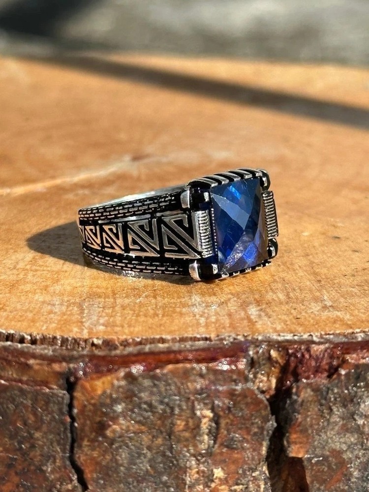 925 Men Blue Zircon Stone Sterling Silver Minimal Ring