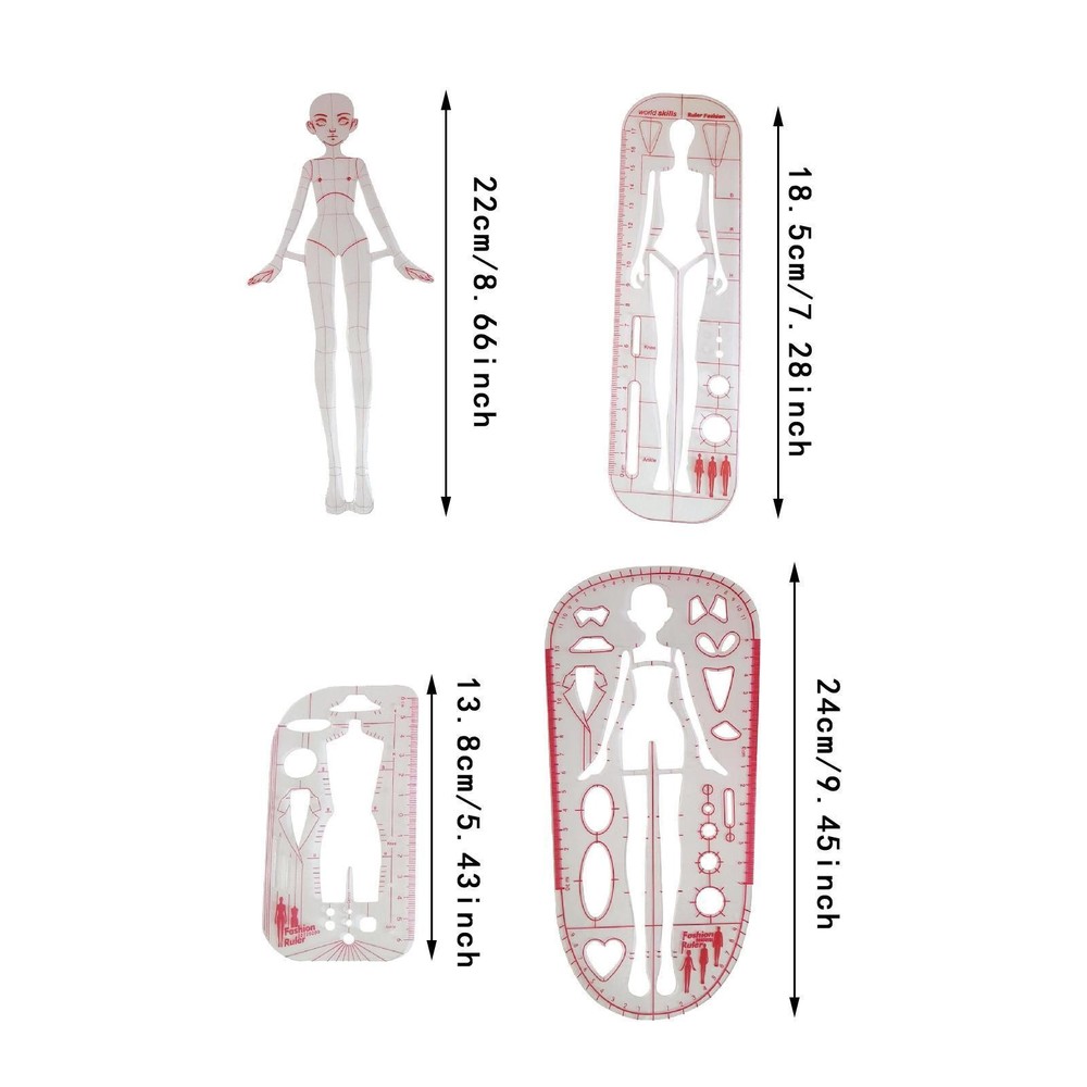 4 Pieces Fashion Drawing Template Ruler Set 4 Models Patterns for Tailoring