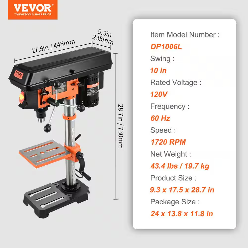 10 In. Benchtop Drill Press 3.2 Amp 5-Speed Cast Iron Bench Drill Press Tabletop