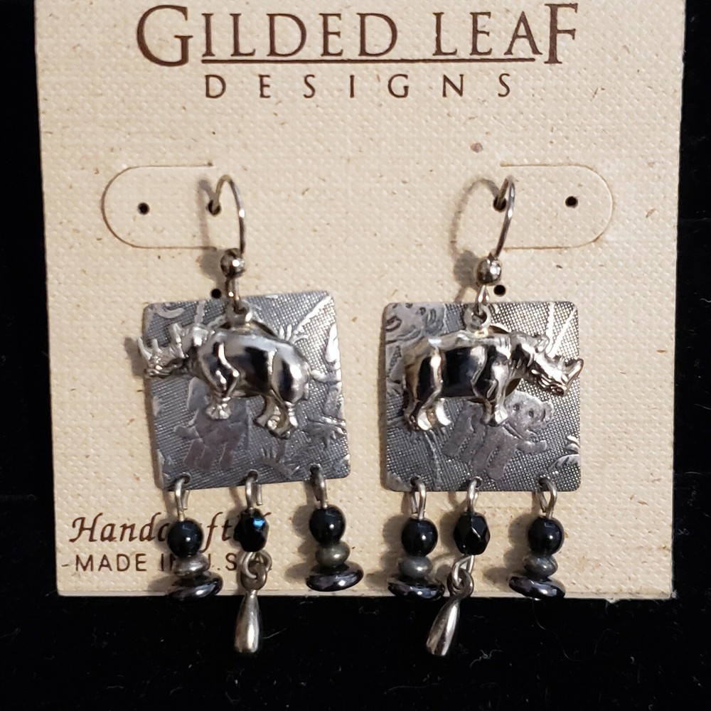 NWT Gilded Leaf Designs Silver Handcrafted Rhino Elephant Wire Drop Earrings
