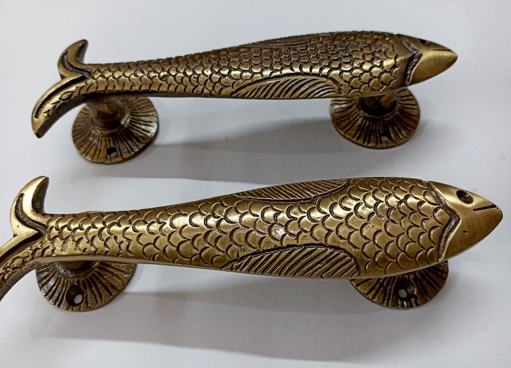 Lacquered Brass Sea Fish Cupboard Pull Office Interior Door Handle Pair AJ456