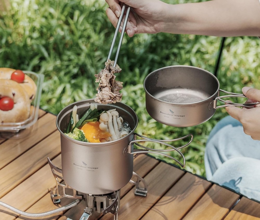 Ultralight Titanium Backpacking Cookset 2-Piece Pots with Folding Handles