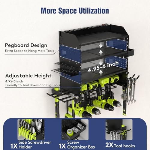 Heavy Duty Power Tool Organizer Wall Mount with Charging Station, 4 Layer Black