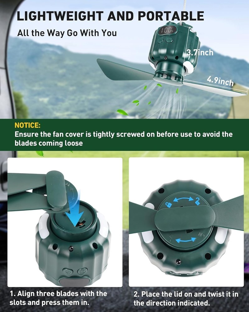 Portable Tent Ceiling Fan with Light Remote Control Battery Operated Green