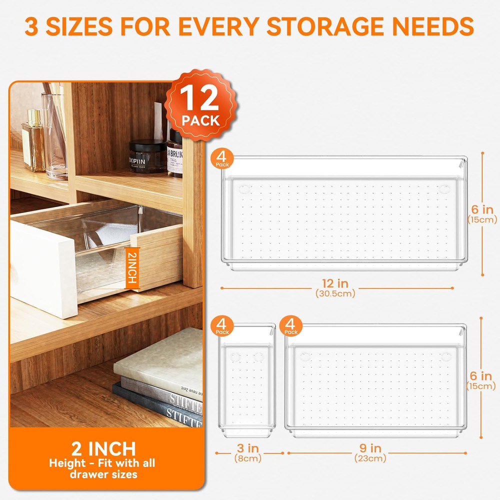 Criusia 12 Pack Large Clear Plastic Drawer Organizer Trays | MULTI-USE Acrylic