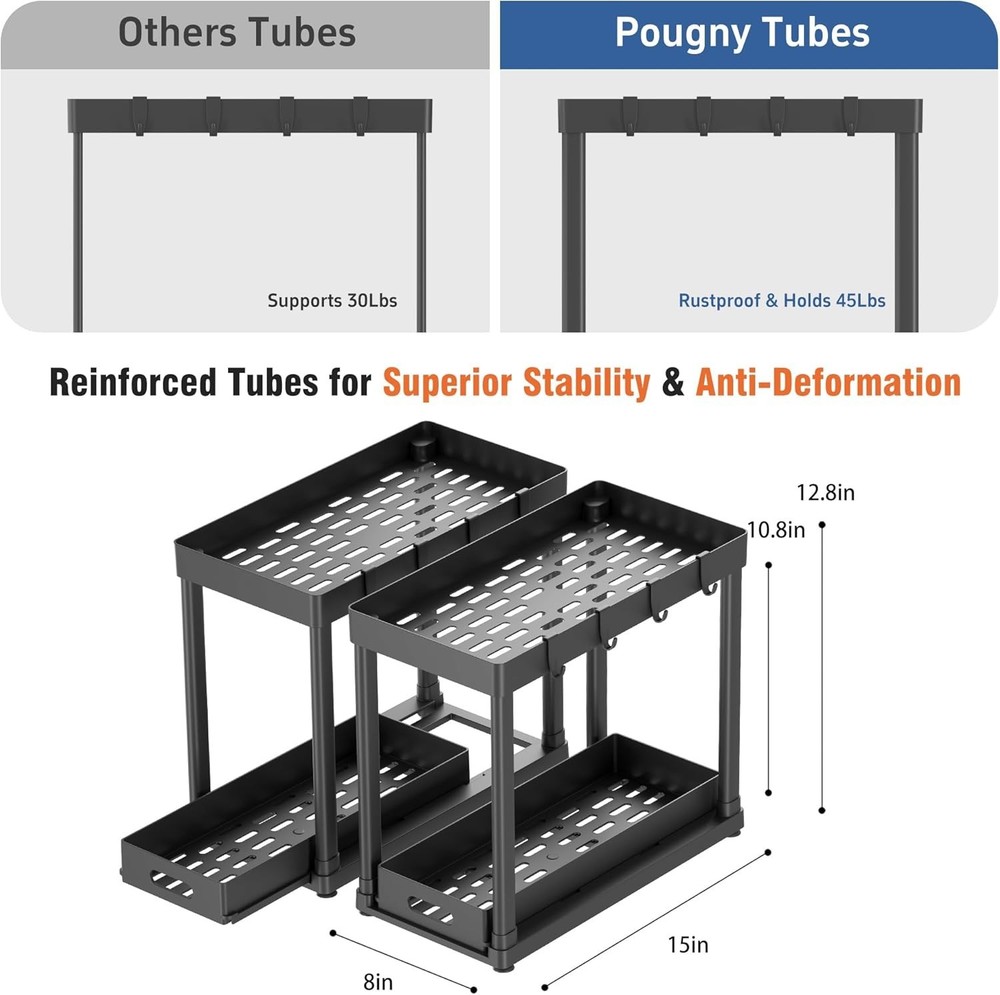 Space-Optimizing 2-Pack Under Sink Organizers with Smooth Dual-Pull Design