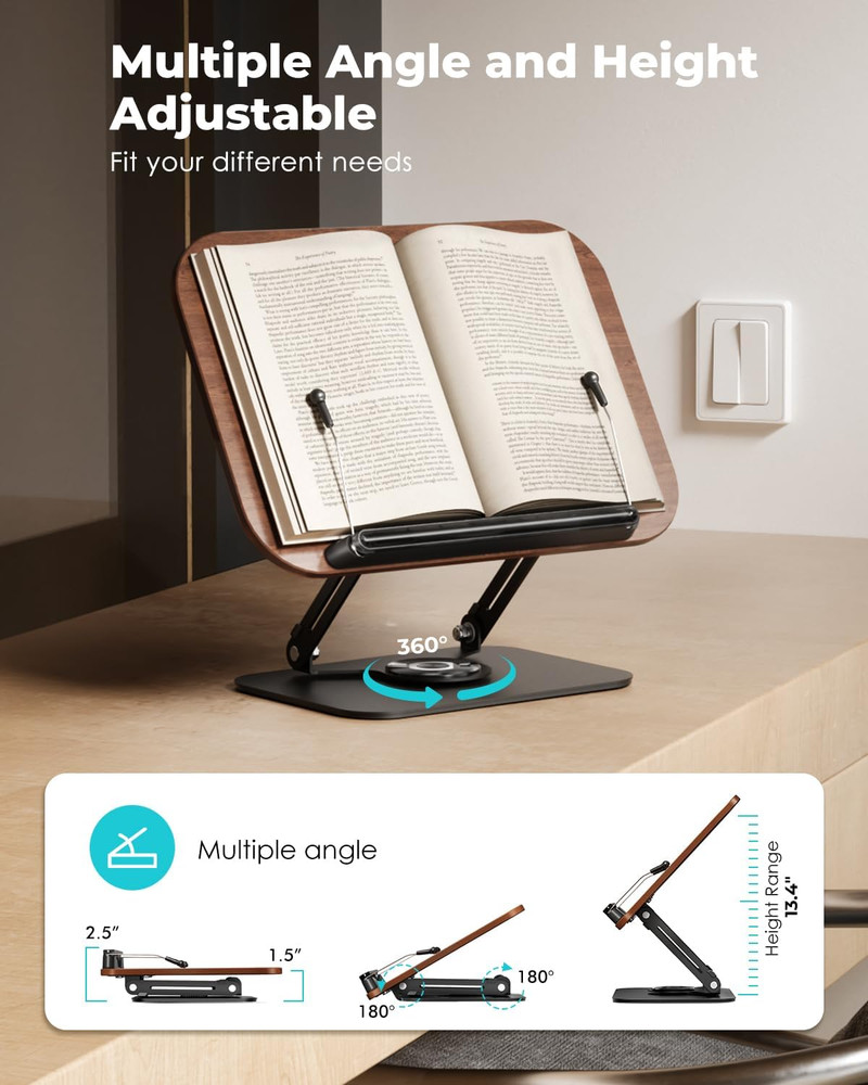Book Stand for Reading,Book Holder, Height&Angle Adjustable, 360° Rotating Base,