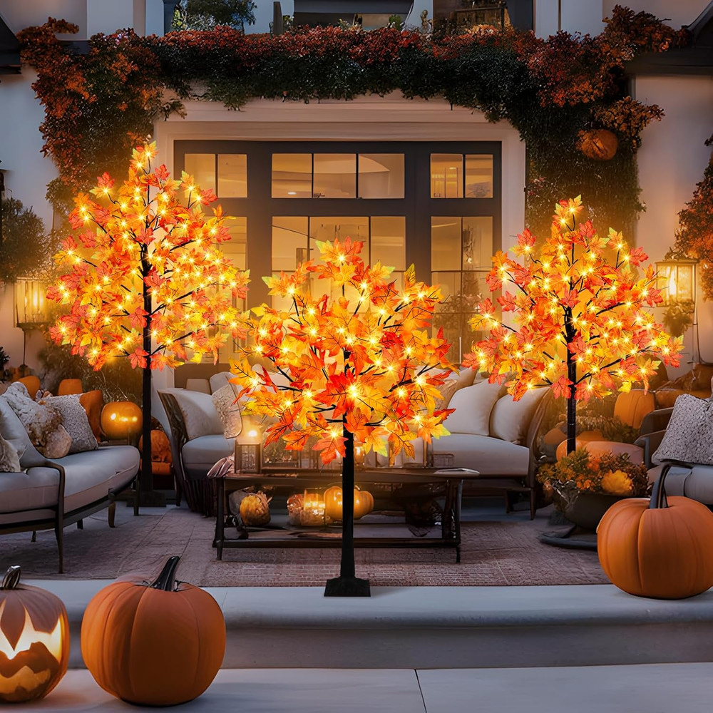 3 Pack Lighted Maple Tree, 4FT 5FT 6FT Artificial Fall Tree with 216 Lights