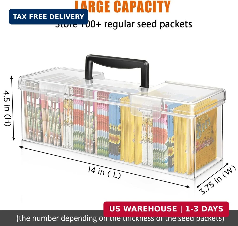 tutata Seed Packet Organizer Box Plastic Portable Seed Packet Storage Box, Seed