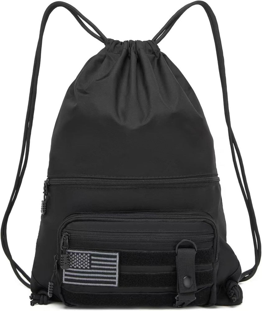 seyfocnia Drawstring Backpack Tactical String Bag with Zipper Pockets Black