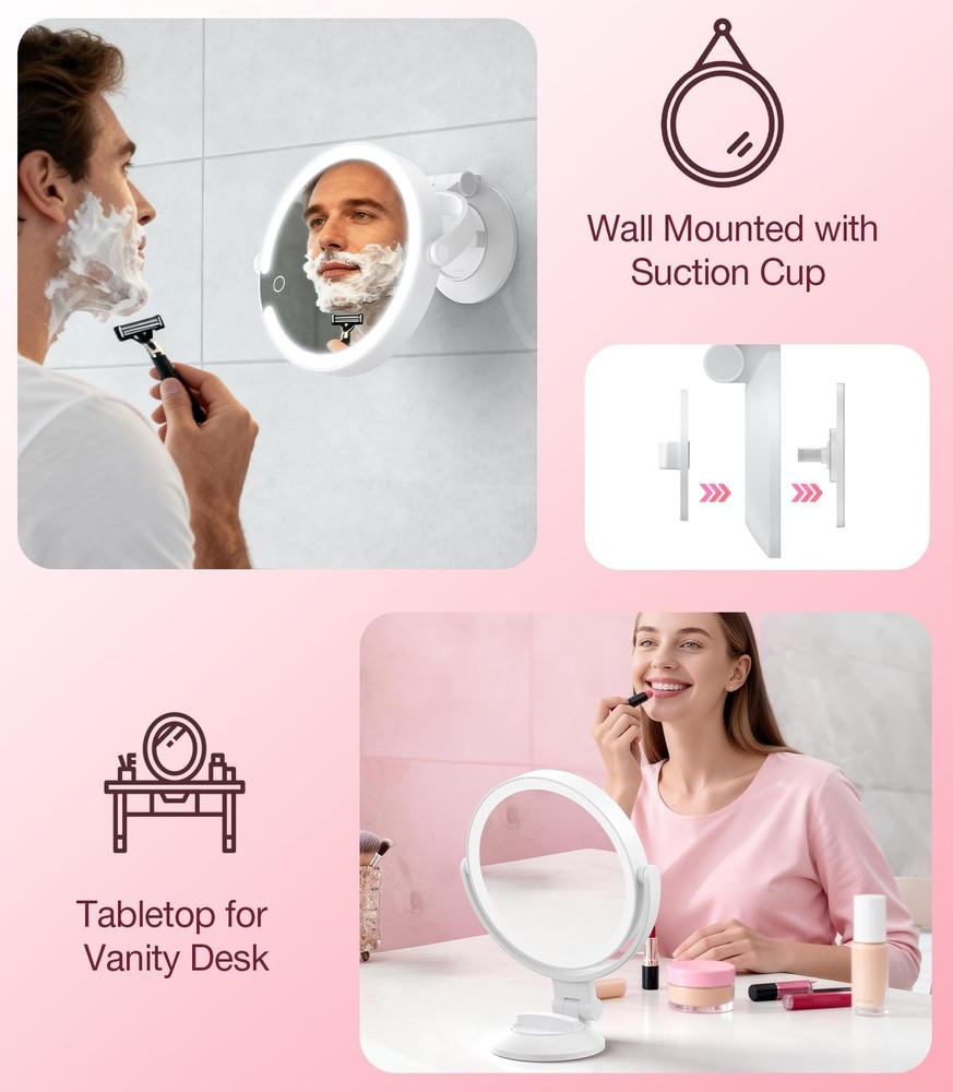 Suction Cup Magnifying Mirror with Light 10X, Wall Mounted Makeup Mirror with...