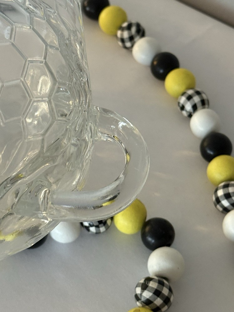 Honeybee Clear Glass Jug with Cork Lid & Handle, Honeycomb Pattern