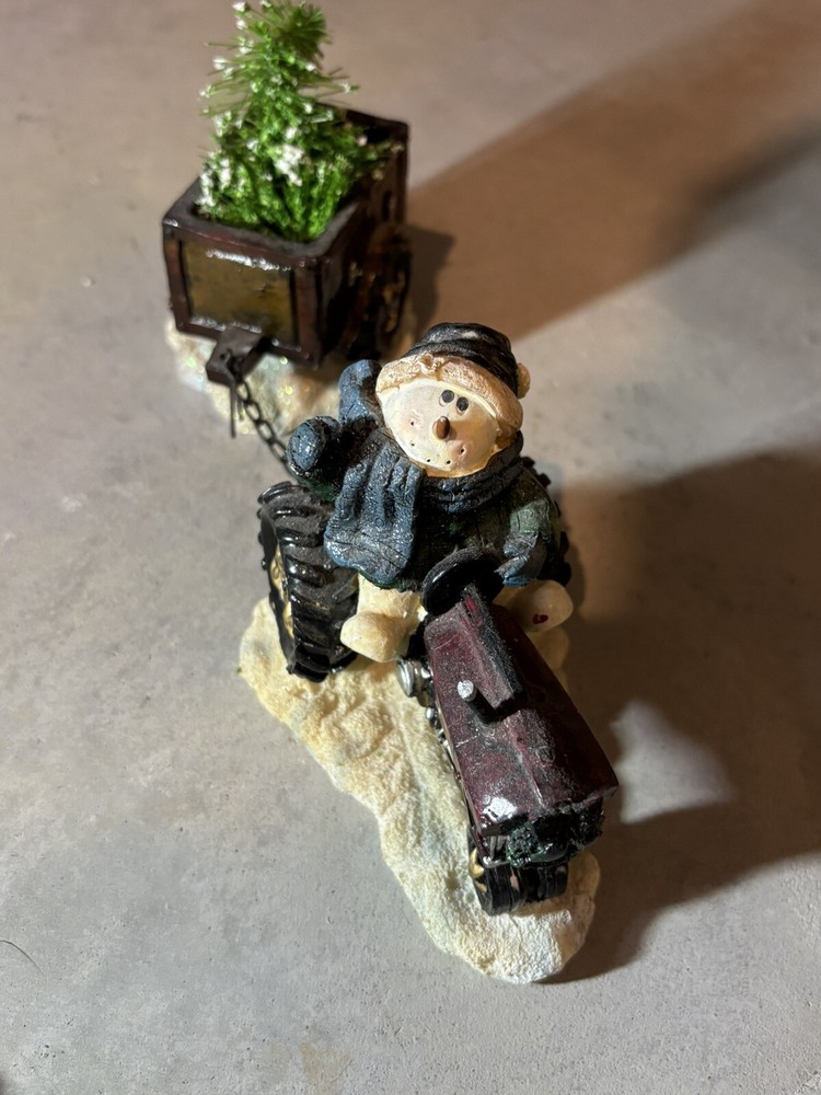 Snowman Riding Tractor Pulling Christmas Tree In Wagon 2pc Figurine